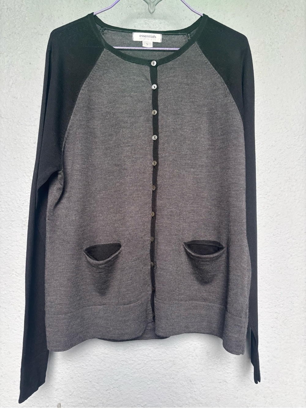 Essentials Two-Tone Gray and Black Button Cardigan (New Zealand designer).
